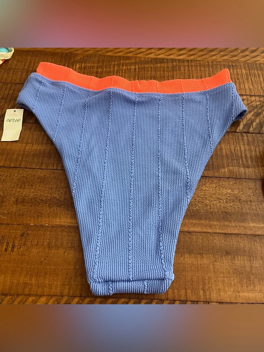 NWT Aerie Crinkle High Waist High Cut Cheeky Bikini Bottom Blue / Coral - Sz L